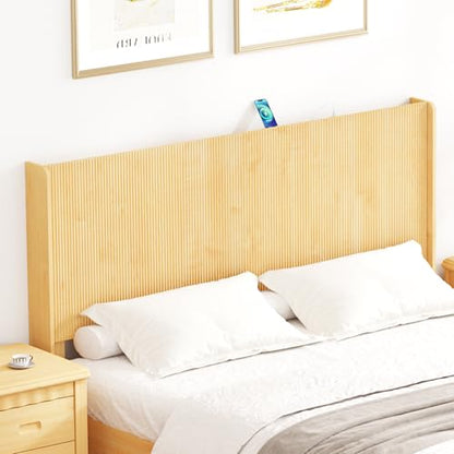 King Size Headboard Only with Outlets, 79.92" W Fluted Headboard, Mid Century Modern Boho Head Board with Storage&LED Lights, Natural - color: Natural, size: King