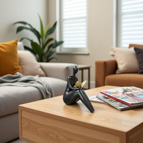 Lescafita Black Abstract Sitting Figurine with Gold Butterfly – Modern Resin Sculpture for Shelf, Desk, Living Room & Office Decor, Minimalist Shelf Sitter Statue for Home Decoration - color: B2