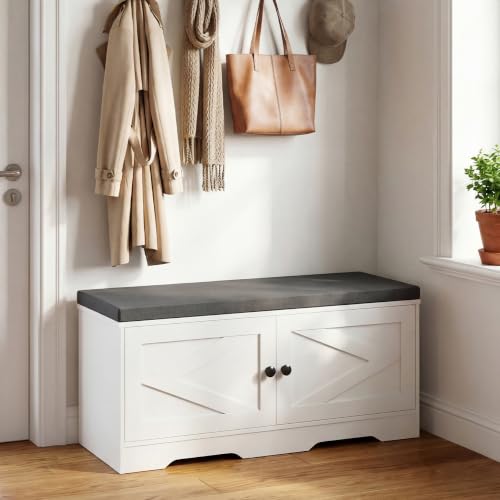 Apicizon Shoe Storage Bench, 2 Tier Entryway Bench with Padded Seat Cushion, 2 Barn Doors, Adjustable Shelves, 39.37" Shoe Bench with Storage for Entrance Hallway Bedroom Living Room, Beige White - color: Beige White, size: 39Inch