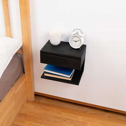 Floating Nightstand Side Accent or End Table with Storage Drawer, Wood Bedside Shelf, Handmade Floating Table, Nightstand Shelf (Black) - color: Black