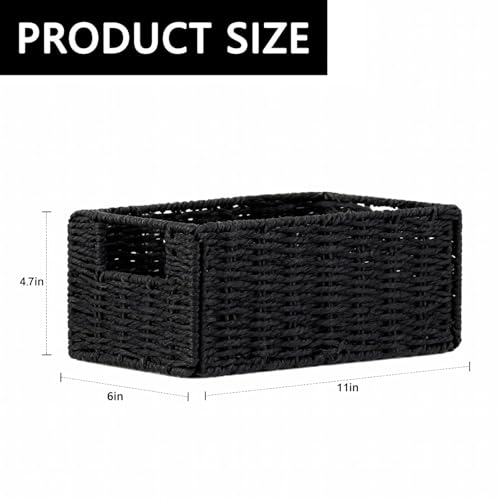 6 Pcs Small Wicker Baskets, Wicker Woven Storage Basket with Handle | Toilet Paper Baskets Towel Basket Foldable Cube Storage Organizer Bins for Shelves, Black - color: Black