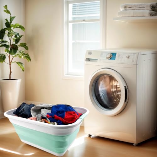 SAMMART 41L (10.8 gallons) Collapsible Plastic Laundry Washing Tub/Basket-Foldable Pop Up Storage Container/Organizer-Portable Laundry Hamper-Space Saving (1, White/Pale Jade) - color: White/Pale Jade