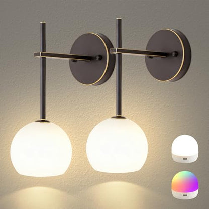 Brown Gold Battery Operated Wall Sconces Set of 2, Rechargeable Wireless Wall Lights with Milky White Frosted Glass, 12 RGB and 3CCT Dimmable, Wall Lamps with Remote for Bedroom Living Room Hallway - color: Brown Gold