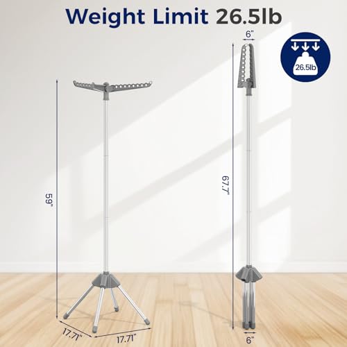 KINGBOARD Clothes Drying Rack, 59" H Laundry Drying Rack, 3 Rotatable Arms | 360° Rotatable Arms, 27 Hanger Holes, Stainless Steel, Tool-Free Setup, Portable for Travel & Small Home, Indoor, 27lbs Hold - size: 1 Tier