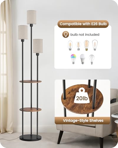 70.9" Floor Lamp with Shelves, Modern Floor Lamp with 3 Linen Shades and Foot Switch, 3-Light Standing Lamp, for Living Room, Bedroom, Study, Office, Rustic Brown and Beige EF53LD05 - color: Rustic Brown + Beige