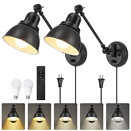Plug in Wall Sconces Set of Two with Remote, Stepless Dimming & Stepless Colors 2700K-6500K, Swing Arm Wall Lamp, Plug in Wall Light with Night Light & Timer, Hardwired or Plug-in, LED Bulbs Included - size: Black-2 PACK(Bulbs+Remote)
