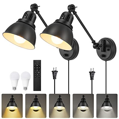 Plug in Wall Sconces Set of Two with Remote, Stepless Dimming & Stepless Colors 2700K-6500K, Swing Arm Wall Lamp, Plug in Wall Light with Night Light & Timer, Hardwired or Plug-in, LED Bulbs Included - size: Black-2 PACK(Bulbs+Remote)