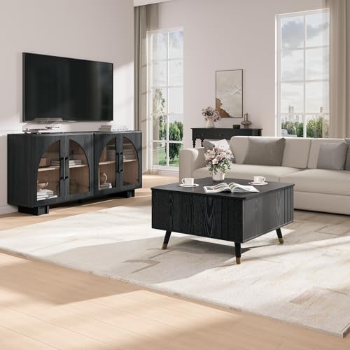 JOINICE Black Lift Top Coffee Table with Storage for Living Room,Square | 32" Multi-functional Pop Up Center Table,Large Hidden Compartments with Solid Wood Legs,Lift to 23",Hold 100lbs,Easy Assembly - color: Black_square