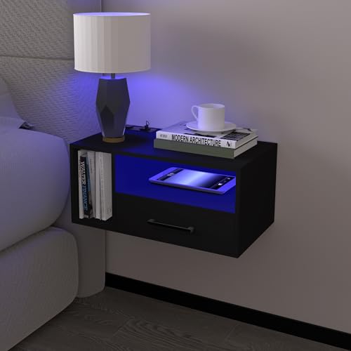 Floating Nightstand with Charging Station & Lights, Black | Floating Bedside Table with Drawers Wall Mounted Nightstands,for Bedroom Room, 21.3" x 11.8" x 10" - color: Black