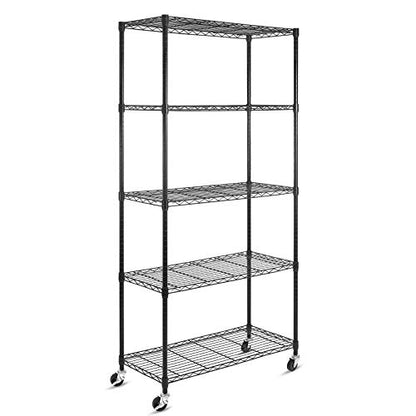 5-Shelf Shelving Units on Wheels Casters, Adjustable Heavy Duty Metal Shelf Wire Storage Rack for Home Office Garage Kitchen Bathroom Organization(16”Wx36”Dx75”H), Black - size: 5Tier 36"W x 16"D x 75"H