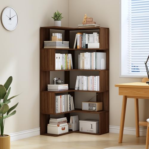 IOTXY 6-Tier L-Shaped Corner Bookshelf - 66" Tall Wooden Freestanding Bookcase with Open Shelf Units, Walnut - color: Walnut