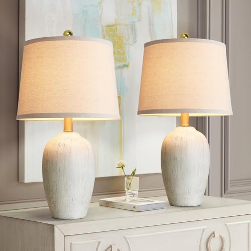 AIEAMPDO 21'' Set of 2 Rustic Ceramic Small Table Lamps for Bedroom | Farmhouse Vintage Nightstand Lamps for Living Room Office Entryway End Table, 2 Bulbs Included - color: Antique White