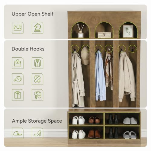 LITTLE TREE Hall Tree with Shoe Storage, Entryway Bench with Coat Rack | 6 Double Hooks, Entryway Storage Furniture, Mudroom Bench with Storage and Hooks, Farmhouse Hall Tree, Hallway Tree, Brown