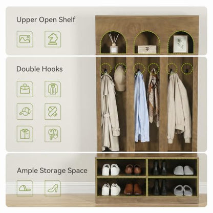 LITTLE TREE Hall Tree with Shoe Storage, Entryway Bench with Coat Rack | 6 Double Hooks, Entryway Storage Furniture, Mudroom Bench with Storage and Hooks, Farmhouse Hall Tree, Hallway Tree, Brown