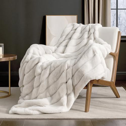 Cozy Bliss Deluxe Sheared Rabbit Faux Fur Throw Blanket, Soft Fuzzy High-Low Sculpted Plush Blanket for Couch, Cozy Home Accent, All Season Use, Beige 50"x60" - color: Stripe - Beige, size: Throw(50" x 60")
