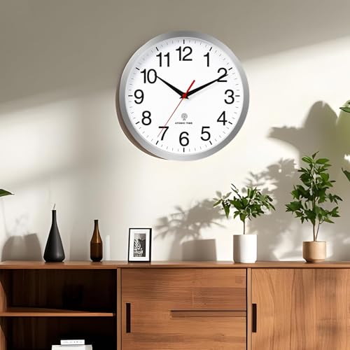 Wall Clock Analog 12 Inch Atomic Battery Operated Silent Clock | Silver, Easy To Read, Non Ticking, Round, Accurate, Kitchen, Living Room, Classroom, Office, School - color: Atomic_silver, size: 12 Inch