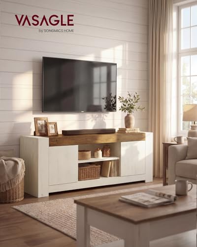 VASAGLE TV Stand, Farmhouse Entertainment Center with Storage Cabinets | Media Console Table for Living Room, Bedroom, for 65 Inch TV, Rustic White and Honey Brown ULTV623W201S - color: Rustic White + Honey Brown, size: 58"L