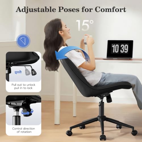 Armless Office Chair, Swivel Rolling Leather Desk Chair, Brown | Waterproof Upholstery, Padded Seat, 15° Relaxing Tilt, 330 LBS Capacity, for Bedroom Vanity and Computer Work - color: Black