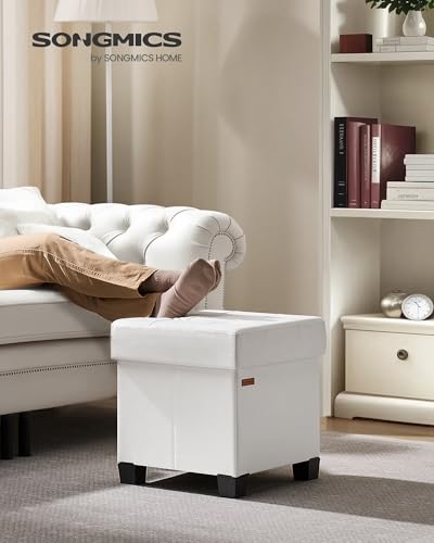 SONGMICS Storage Ottoman, Cube Ottoman with Legs, 15 x 15 x 15.7 Inches, Footstool, Footrest, 10 Gal. (37 L), Synthetic Leather, for Bedroom, Living Room, Dorm, Cloud White ULSF0512W02 - color: Cloud White