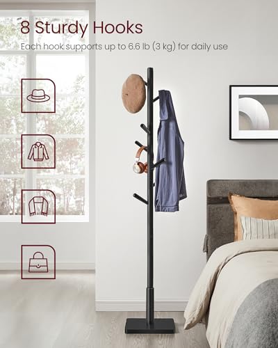 VASAGLE Solid Wood Coat Rack, Free Standing Hall Coat Tree with 8 Hooks, 3 Height Options, for Coats, Hats, Bags, Purses, for Entryway, Hallway, Rubberwood Hooks and Pole, Ink Black URCR010B01 - color: Ink Black, style: Square Base + Cylindrical Hooks