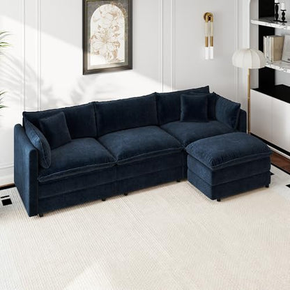 Aoowow Modular Sectional Sofa Modern Convertible L Shaped Couch,112.2 Inch Deep 3-Seater Sofas Set Comfy Chenille Cloud Sofas and Couches with Movable Ottoman for Living Room Apartment（Blue） - color: Blue, size: 3 Seat + Ottoman