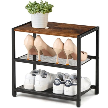 Small Narrow Shoe Rack for Entryway, 3-Tier Metal Wood Shoe Shelf | Shoe Storage Organizer, Holds 6 Pairs, Wooden Table Top, Mesh Shelves, for Front Door Entrance Closet Floor Hallway Bedroom - size: 17"D x 10.24"W x 15.75"H