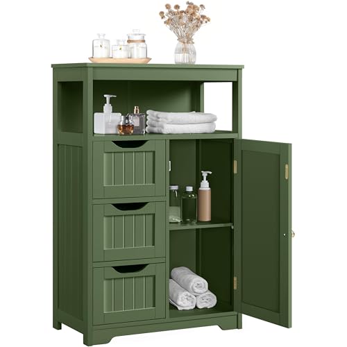 Yaheetech Small Freestanding Bathroom Storage Cabinet with 3 Drawers, Green | Slim Floor Cabinet Organizer for Bathroom, Living Room or Entryway, Beadboard Fronts, an Open Cubby, Adjustable MDF Shelf - color: Green, size: 12"D x 22"W x 34"H