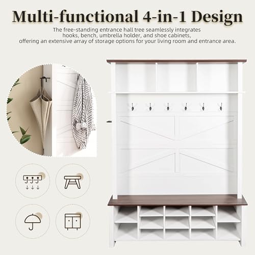 JIVOIT Farmhouse Retro Style Hall Tree, Multi-functional 4-in-1 Design Hall Tree, Practical Walnut Entryway Bench with Adjustable Shelves, Shoe Organizer with 16 Open Compartments for Entryway - color: White/07