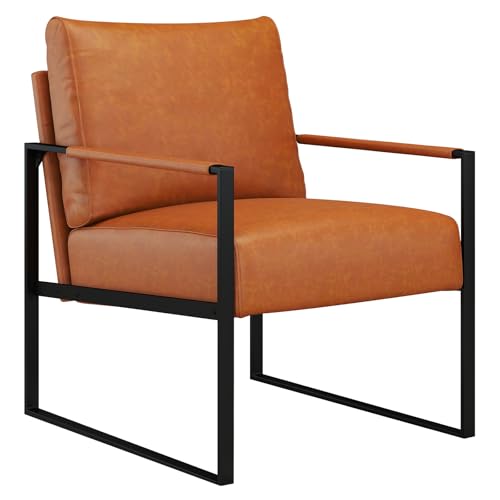 Mid Century Modern Accent Chair, PU Leather Armchair with Metal Frame,Comfy Single Reading Chair with Soft Padded Backrest and Cushion for Living Room, Bedroom,Reading Room,Office,Brown - color: Brown
