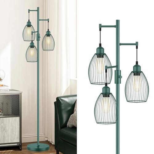 Dimmable Floor Lamp, Industrial Floor Lamps for Living Room, Green Tree Lamp Standing Lamp Tall Lamps with 3 Elegant Teardrop Cage Head & 800 Lumens LED Bulbs for Living room Bedroom Dining Room - color: Green-70 inches