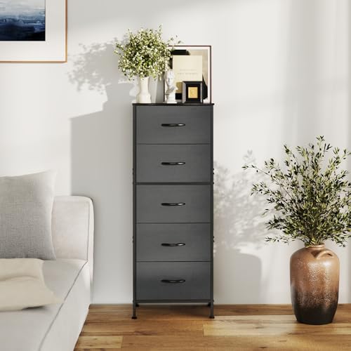 DUMOS Nightstand with 5 Drawers, Bedside Table with Removable Fabric Bins, Sturdy Steel Frame Wood Skinny Dresser Furniture for Bedroom Closet Living Room, Grey - color: Grey, size: 15.7"D x 11.8"W x 47.7"H (5 Drawers)