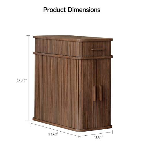 Fluted End Table with Charging Station, Narrow Side Table with Drawers, Wood Skinny Nightstand with Storage, Mid-Century Modern Bedside Tables for Small Space Living Room Bedroom Sofa Couch - color: Walnut