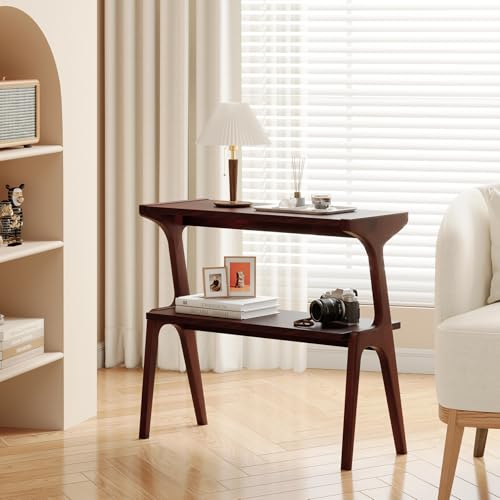 Solid Wood End Table | 2-Tier Side Table with Storage Shelf, Slim Table for Sofa, Living Room, Bedroom, Small Space, Easy Assembly, Burgundy - color: Burgundy