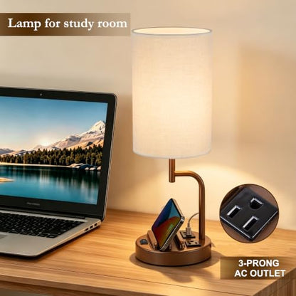 Dreamholder 2 Pack Table Lamp, Bedside Lamp with 3 USB Charging Ports & AC Outlet, USB Desk Lamp with 2 Phone Holders, Linen Fabric Shade Nightstand Lamps for Bedroom Living Room Office, Coffee Brown - color: Coffee Brown