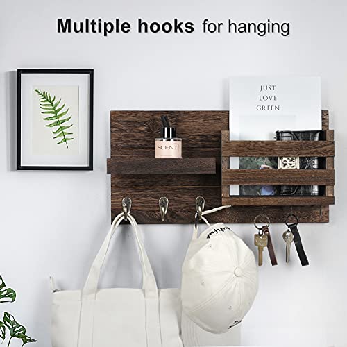 Lwenki Mail Organizer for Wall Mount – Key Holder with Shelf Includes Letter Holder and Hooks for Coats, Dog Leashes – Rustic Wood with Flush Mounting Hardware (16.5” x 8.7” x 3.5”) - color: Brown