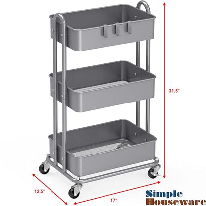 Simple Houseware 3-Tier Heavy Duty Metal Utility Rolling Cart, Silver - color: Silver