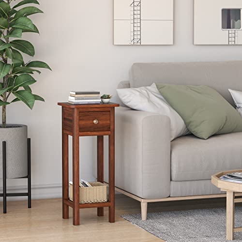 Narrow Side Table, Tall Night Stand with Drawer & Shelf, Vertical Bedside Table w/Anti-Tipping Device, No Assembly, Wooden End Table for Living Room, Bedroom, Dorm - color: Brown