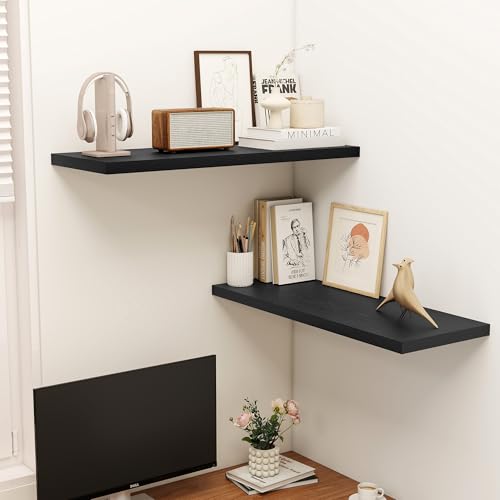 Dreamland 36" Floating Shelves for Wall, 12" Deep Slim Black Floating Shelves,Wall-Mounted Shelves for Bedroom, Living Room, Kitchen, Bathroom - Set of 2 - color: Black, size: 36"W x 12"D x 1.3"H, Set of 2