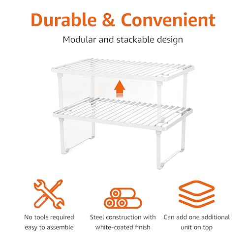 Amazon Basics Space-Saving Stackable Metal Kitchen Cabinet Organizer Shelves for Dishes, Pantry Organization, 12.5" L x 8" D x 4.5" H, Set of 2, White