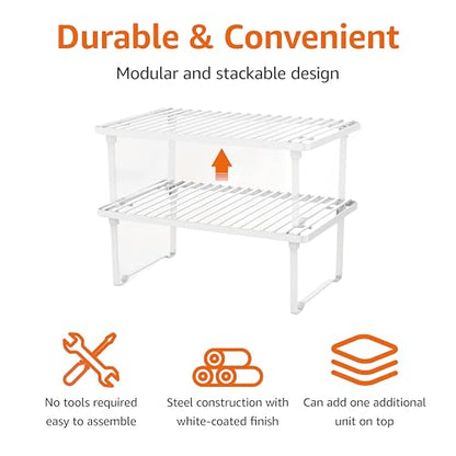Amazon Basics Space-Saving Stackable Metal Kitchen Cabinet Organizer Shelves for Dishes, Pantry Organization, 12.5" L x 8" D x 4.5" H, Set of 2, White