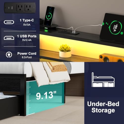 Twin Bed Frames with Storage Drawer, Platform Bed with Charging Station and LED Lights, Upholstered Headboard with 2-Tier Storage Shelves, No Box Spring Needed - size: Twin, style: Modern