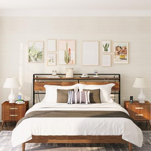 HOOBRO King Size Headboard, Headboard with 2 Outlets and 4 USB Ports, Adjustable Height, Storage Rack, Sturdy and Stable, Easy Assembly, Rustic Brown and Black - color: Rustic Brown + Black, size: King