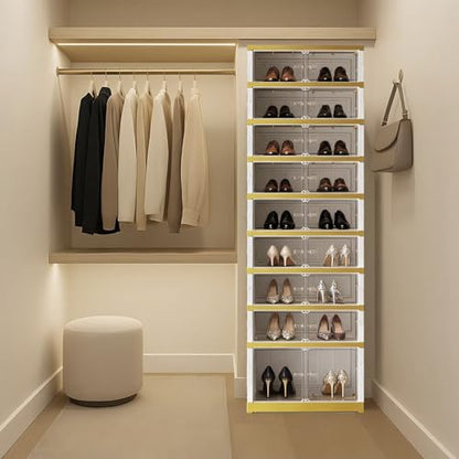 SYNCVIBE Foldable Shoe Rack, 9-Tier, 18 Pairs, 17.3" Wide, White Gold | Foldable Shoe Organizer, Collapsible Shoe Cabinet with Doors, Stackable Shoe Shelves for Closet, Entryway and Living Room - size: 9 Tiers -18 Pairs White Gold