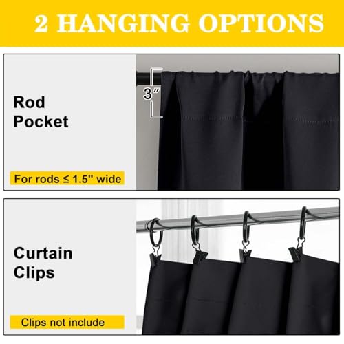 Extra Long Black Blackout Curtains for Bedroom Living Room 108 Inches Long 2 Panels, Soft Solid Room Darkening Thermal Insulated Window Treatments, Rod Pocket Curtain, 50" Wx108 L - color: Black, size: 50"W x 108"L (Pack of 2)
