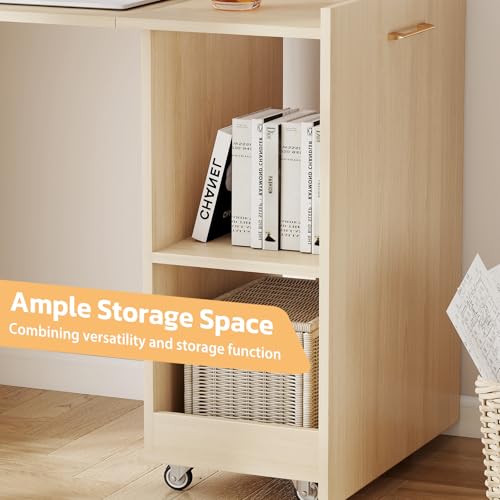 Zevemomo Folding Desk, Convertible Table with Shelves & Wheels - Beige | Folding Desk with Storage, Craft Cabinet with Fold Out Table, Compact Computer Desk for Small Space, Reversible L Shaped Desk - color: Beige