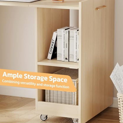 Zevemomo Folding Desk, Convertible Table with Shelves & Wheels - Beige | Folding Desk with Storage, Craft Cabinet with Fold Out Table, Compact Computer Desk for Small Space, Reversible L Shaped Desk - color: Beige