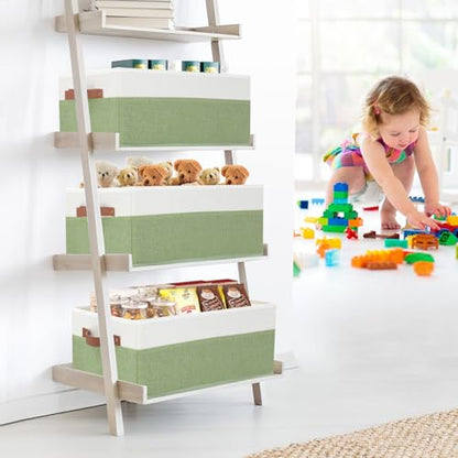 3 Pack Large Capacity Storage Bins Closet Organizer for Shelves | Fabric Closet Storage Baskets Boxes with Leather Handles for Organizing Clothes, Sheets, Jeans, Toys, Books (Green) - style: 3 Pack Green & White