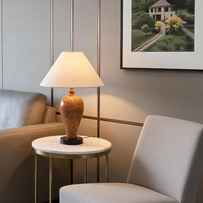 Ceramic Table Lamp, Rustic Orange Glaze Bedside Lamp with Linen Shade, Minimalist Accent Lamp for Bedroom Living Room