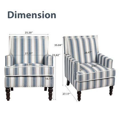 Accent Chair, Comfy Cozy Modern Mid-Century Accent Chairs | Linen Upholstered Lounge Arm chair with Solid Wood Reading Side Padded Single for Living Room/Balcony/Bedroom-Blue Stripe - color: Sackcloth-blue Stripe(s001)