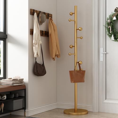 Coat Rack Freestanding Coat Tree with 8 Hooks Coat Hanger Stand,Gold | Heavy Duty Metal Coats Rack Stand for Jacket Hat Clothes Bag Stainless Steel Hall Tree Hat Racks for Entryway Bedroom Hallway - color: Gold with 8 Round Hooks